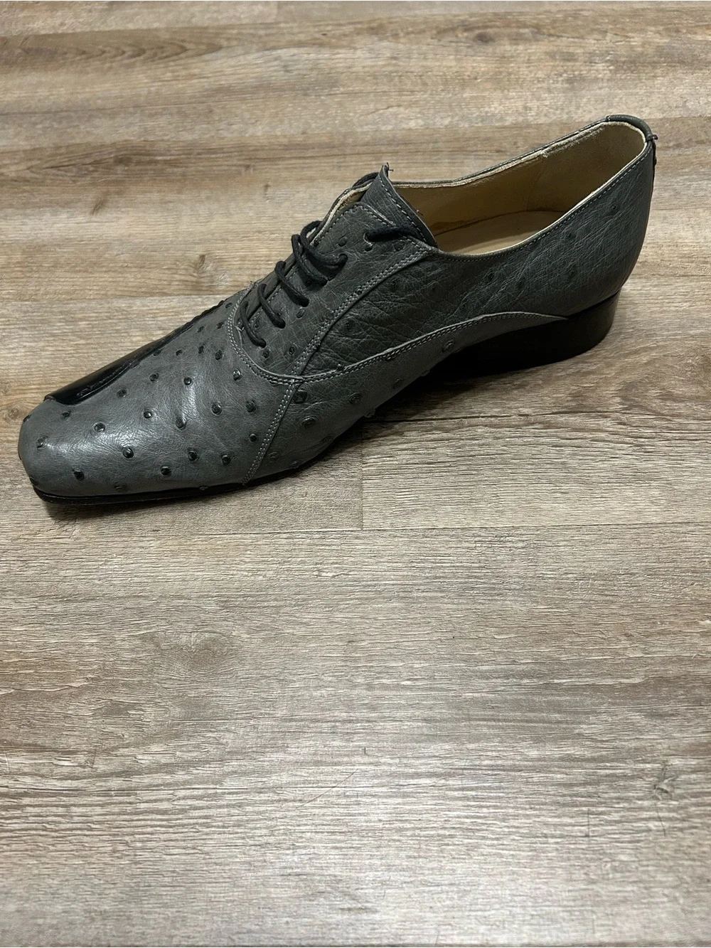 Tullio Men's Size 8 Grey Genuine Ostrich Lace-Up Derby Leather Shoes Italy
